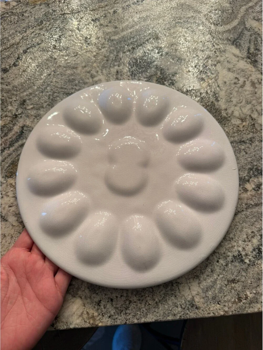 Vintage Ceramic Deviled Egg Serving Plate with Green Leaf Center